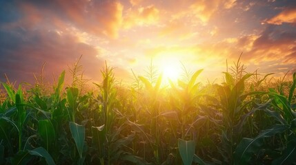 Fototapeta premium Corn stalks standing tall and green, silhouetted against a brilliant sunset sky.