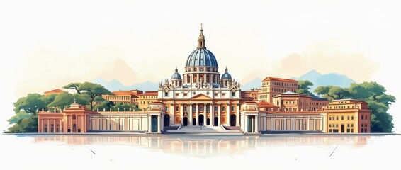St. Peter's Basilica in Vatican City Surrounded by Lush Trees and Beautiful Architecture at Sunrise