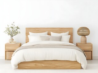 Calm bedroom retreat with 3D-rendered oak bed and soft fabrics.