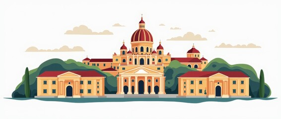 A Beautiful Illustration of a Grand Palace Surrounded by Lush Greenery and Clouds in a Serene Landscape