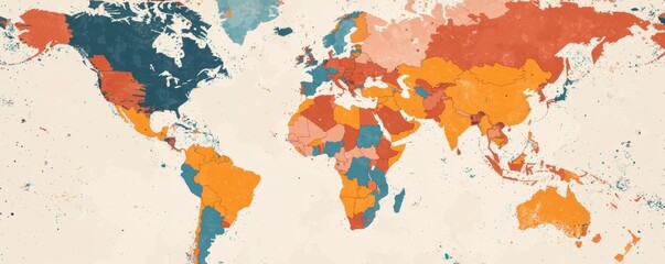 Stocks fall market conceptual. Colorful world map illustration on a textured background.