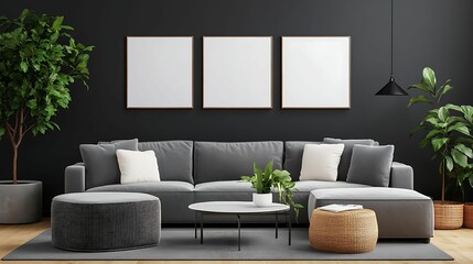 Stylish living room interior featuring a gray sofa, indoor plants, minimalist decor, and three blank picture frames on a dark wall.