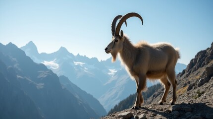 Obraz premium A Majestic Mountain Goat Standing on a Rocky Cliff With Stunning Peaks and Clear Skies in the Background