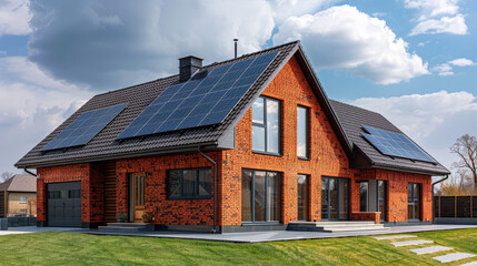 Fototapeta premium Modern brick house with solar panels generating electricity