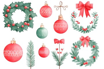 Festive watercolor clipart collection featuring intricate designs, vibrant colors, ideal for holiday-themed projects and creative crafts.