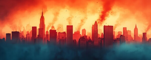 Fototapeta premium Silhouette of a city skyline during a dramatic sunset with smoke and flames.