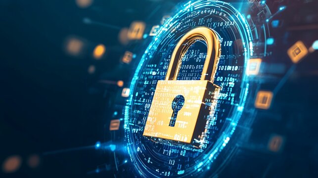 Golden padlock surrounded by digital elements and binary code, symbolizing cybersecurity, data protection, and secure online communication.