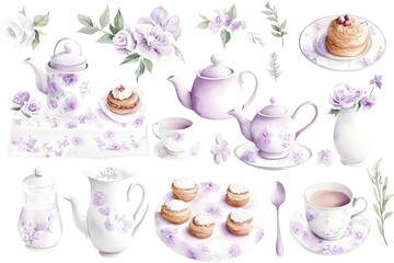 Fototapeta premium Delicate watercolor clipart set featuring intricate garden tea elements, perfect for invitations, stationery, and creative projects.