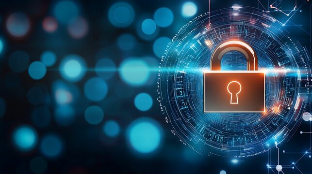 Digital padlock surrounded by glowing circuits and binary code, representing cybersecurity, data encryption, and secure online systems.