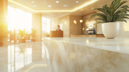 Fototapeta premium A hotel reception area with a marble counter. interior, lobby, modern, waiting area, office, plant