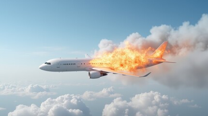 Fototapeta premium Dramatic Scene of a Passenger Airplane Engulfed in Flames Soaring High Above the Clouds