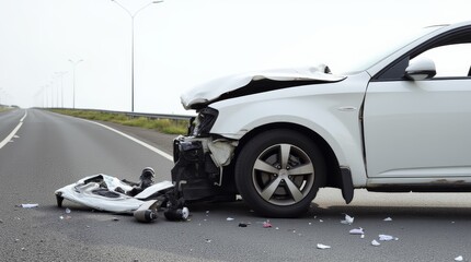 Damaged White Car on a Highway After a Collision in Broad Daylight