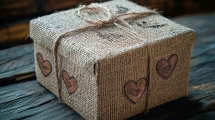 Rustic Burlap Gift Box with Heart Decorations