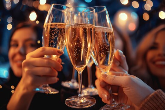 people toasting with champagne glasses at festive party celebrating new year champagne flutes clinking together holiday night background