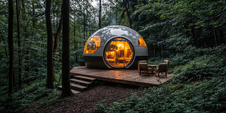 Geodesic dome glamping in the forest at dusk with lights on