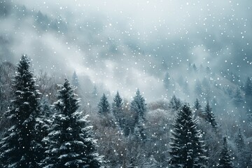 Stunning winter landscape featuring snow-covered trees and falling snowflakes in a pine forest, ideal for Christmas and New Year themes.