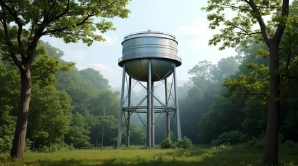 A Metallic Water Tower Stands Tall Amid Lush Green Trees in a Serene Forest Setting During Daylight