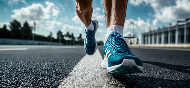 Athlete man running on the road in sports shoes