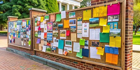 A brick wall adorned with a corkboard overflowing with colorful flyers and notices, showcasing a vibrant tapestry of community information and shared announcements.