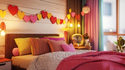 Cozy Bedroom with Heart Garland and Pink Blanket