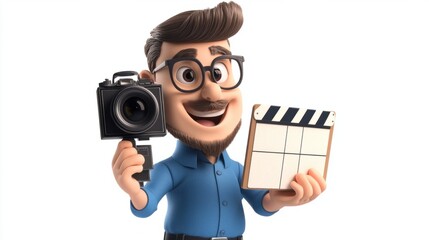 Cartoon director holding a camera and clapperboard, ready for action, isolated on white