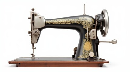 Antique Sewing Machine Displayed on a Wooden Base With Intricate Detailing and Vintage Design