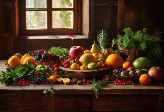 vibrant display fresh fruits colorful vegetables arranged rustic wooden kitchen table evoking healthy culinary atmosphere, arrangement, art, edible, excotic