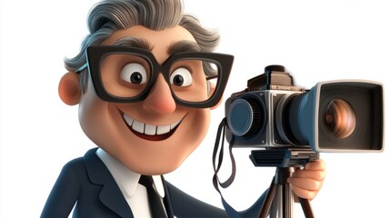 Cartoon director with big glasses and movie camera, smiling and ready, isolated on white background