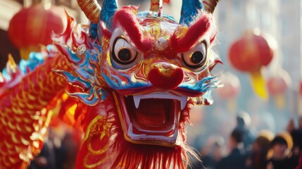Fototapeta premium Close-up of a Colorful Dragon Costume with Open Mouth