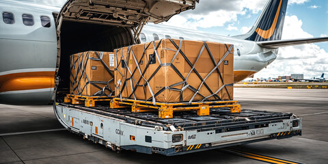 Cargo plane being loaded with boxes on pallets