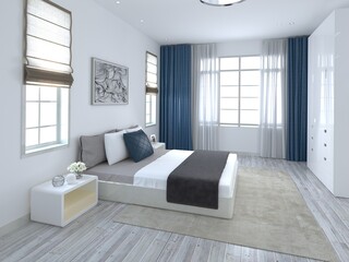 Mock up of a fashionable bedroom with a large comfortable bed and a nice decorative background, 3D rendering.