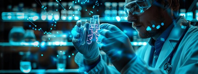 scientist with DNA hologram medical testing tubes research biotechnology laboratory