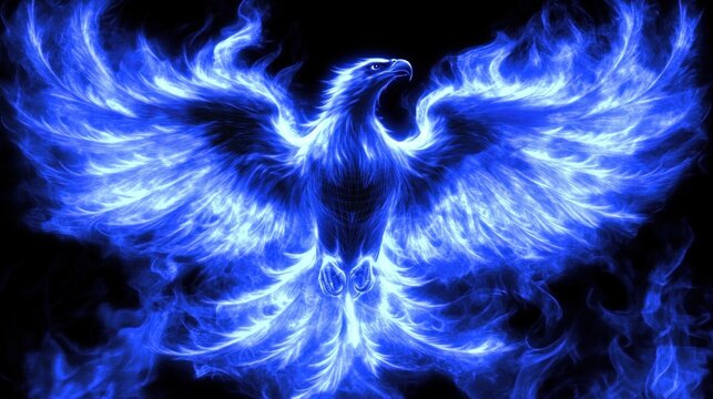 A blue phoenix bird rising from flames with its wings outstretched.