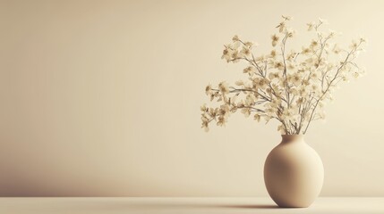 A beige vase with fresh flowers in muted tones, set against a light beige wall, minimalist and warm.