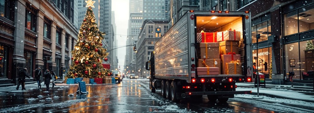 Delivery truck delivering christmas presents in a snowy city