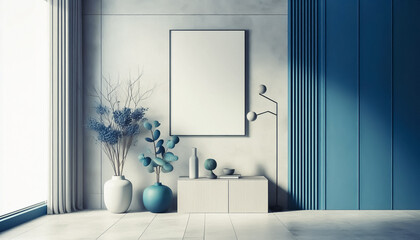 Modern room with accent colours and a blank poster