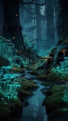 Obraz premium Bioluminescent mushrooms mystical forest twilight glowing plants fireflies ancient trees blue green twisted roots glowing flora 