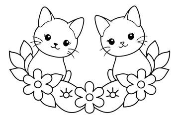 Two Playful Kittens Resting in a Flower Wreath Black and White Coloring Sheet
