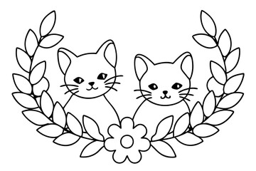 Hand-Drawn Kitten Duo in a Flower Garland Fun and Relaxing Coloring Sheet
