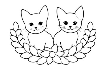 Cute Kitten Duo Relaxing in a Floral Wreath Coloring Page for Kids and Adults
