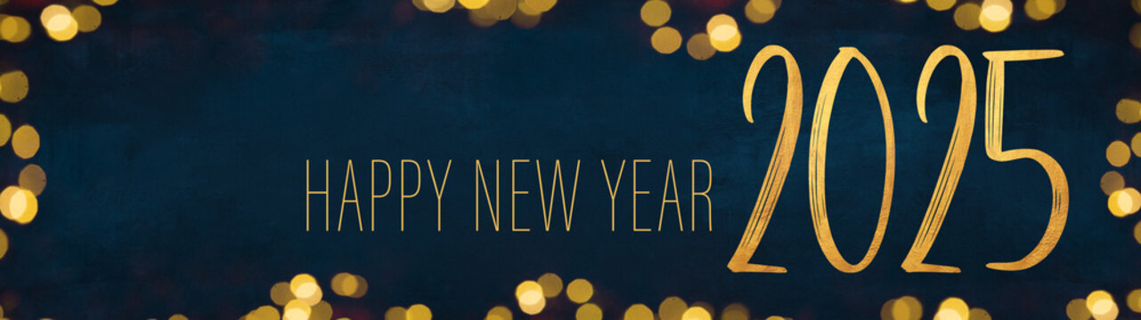HAPPY NEW YEAR 2025 - Festive silvester New Year's Eve Sylvester Party background greeting card with text, panorama banner long wide - Gold frame made of golden bokeh in the dark blue night