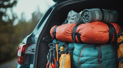 A car trunk packed with camping gear, including a tent, sleeping bags, and hiking equipment, ready for an outdoor adventure in nature.