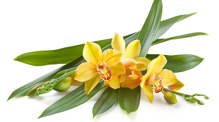 Fototapeta premium Beautiful bright orchid flowers with white background ,Blooming branch yellow orchid isolated on white background