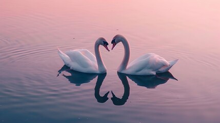 Fototapeta premium Swans Forming a Heart Shape in a Tranquil Lake at Dusk