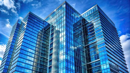 Fototapeta premium Modern blue glass high rise building against sky