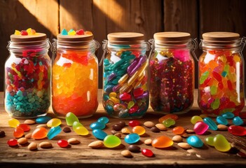 vibrant glass jars filled colorful candy assortment showcasing palette bright colors assorted shapes, rainbow, lgbtq, lgbt, pride, love, equality, sweet