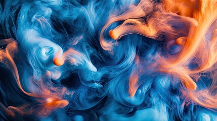 Fototapeta premium Dynamic blue and orange ink swirls forming abstract fluid patterns, blending softly in water