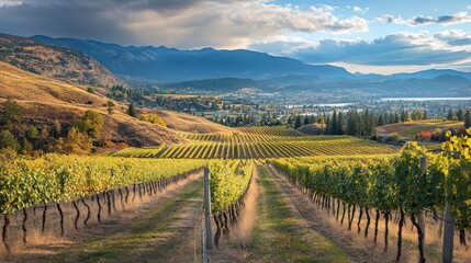Naklejka premium A picturesque vineyard with rolling hills, a lake in the distance, and a cloudy sky.