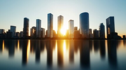 Fototapeta premium Urban skyline at sunset with reflective water surface