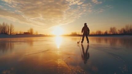 Stunning panoramic image of a young hockey player silhouette skating on a frozen lake at dusk in the winter, with stunning reflections in the gorgeous golden evening light